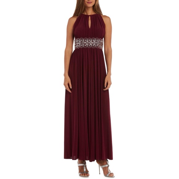 R&M Richards Embellished Halter Evening Maxi Dress in Maroon Red Size 10P - Picture 1 of 8